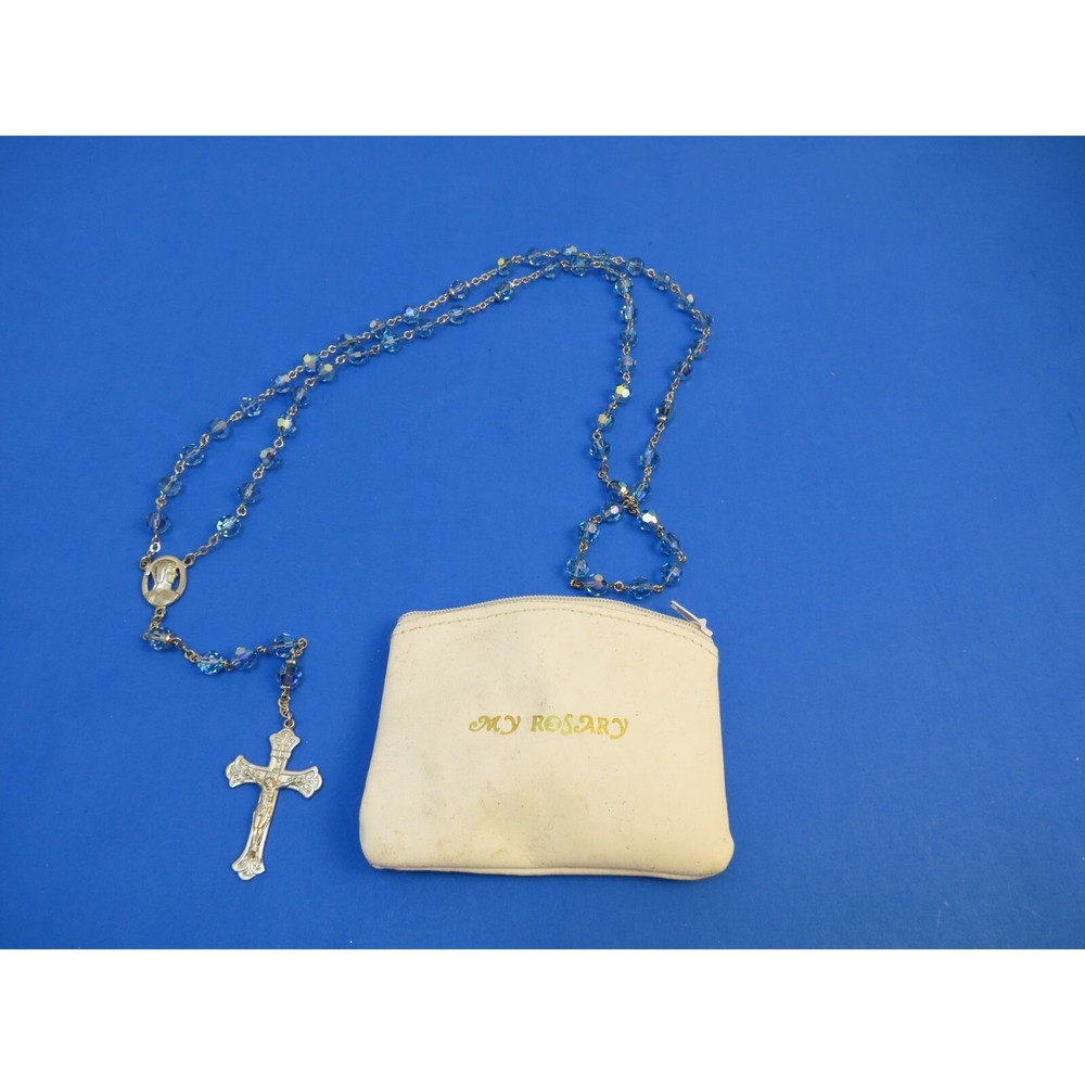 Blue Beaded Jesus INRI Rosary Cross White Leather Pouch Catholic